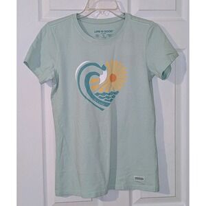 Life is Good Crusher T Shirt Seafoam Green Heart‎ Wave Sun Graphic Size S NWT